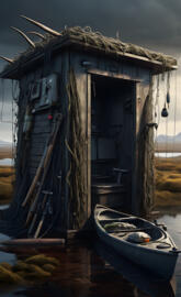 a boat is docked in a small shack