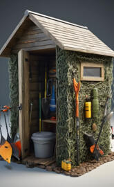 a house with a shed and a door with a bucket and a bucket