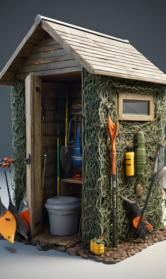 a house with a shed and a door with a bucket and a bucket