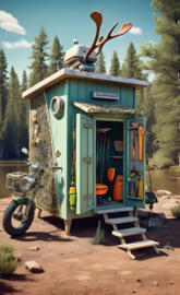 a small blue house with a crane