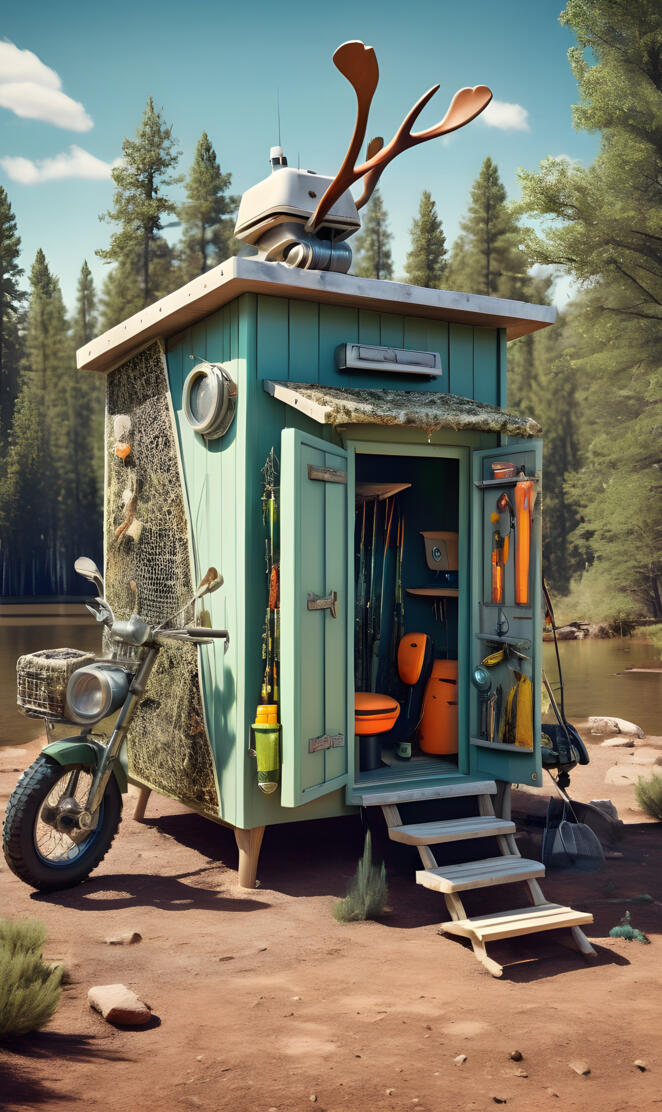 a small blue house with a crane