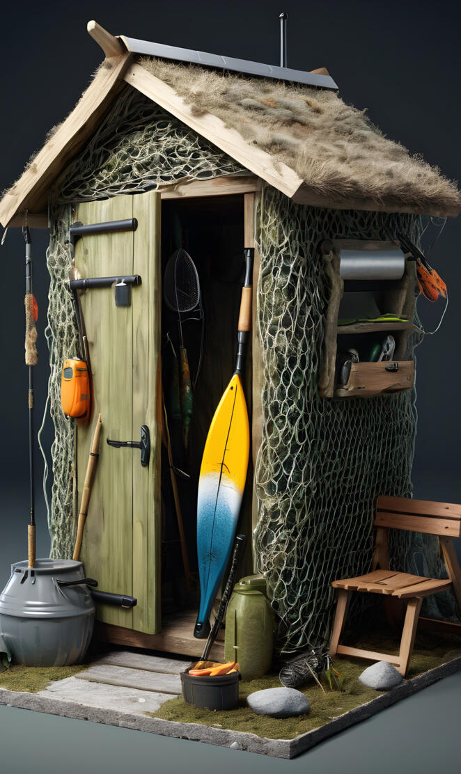a small hut with a surfboard