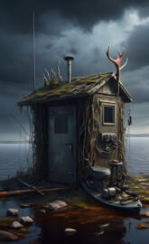 a small shack on the shore