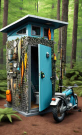 a motorcycle parked outside a small house