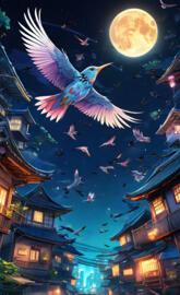 A group of birds flying in the sky at night