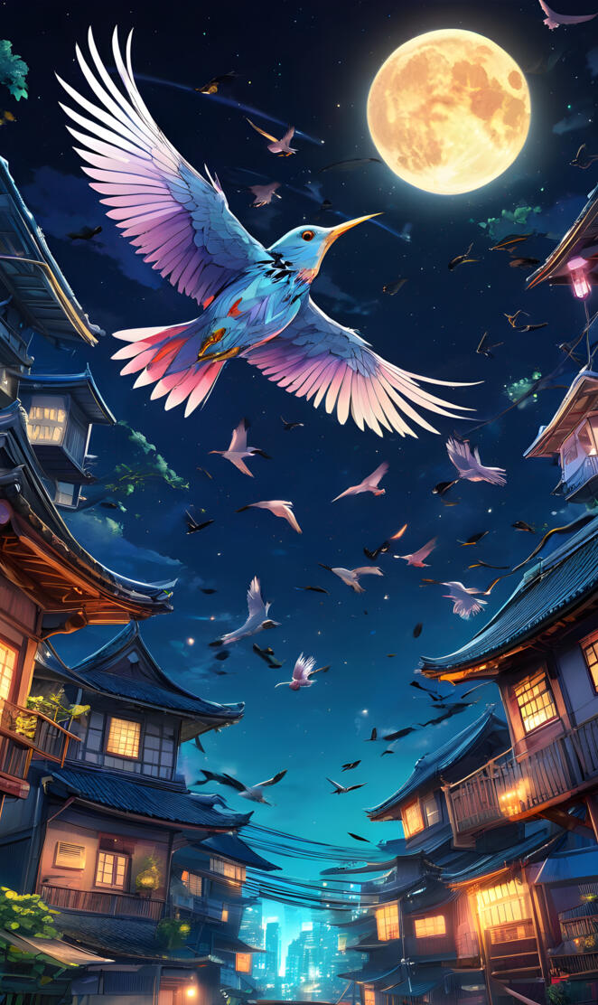 A group of birds flying in the sky at night