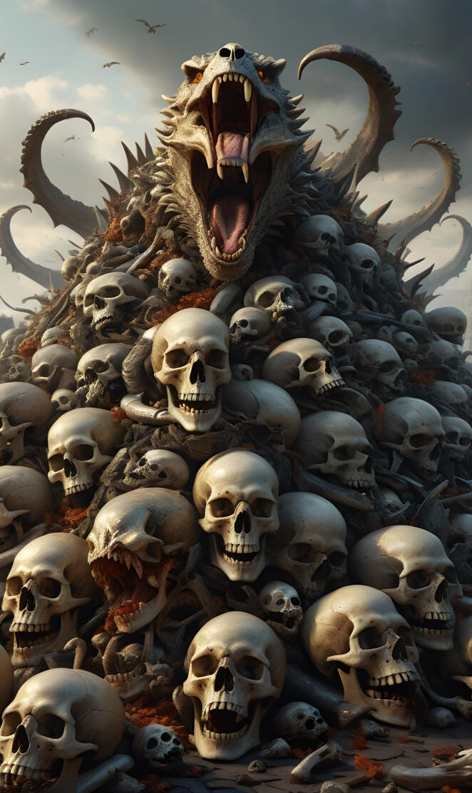 a dragon atop a pile of skulls