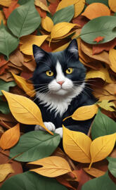 tuxedo cat in the leaves