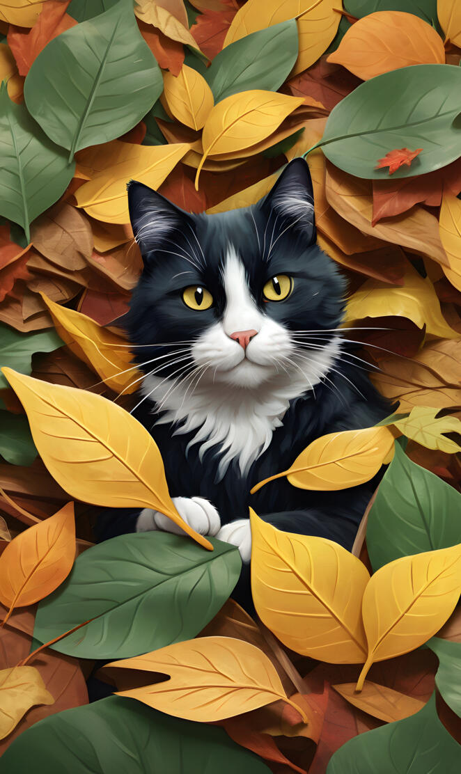 tuxedo cat in the leaves