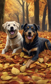 Doggies playing in leaves