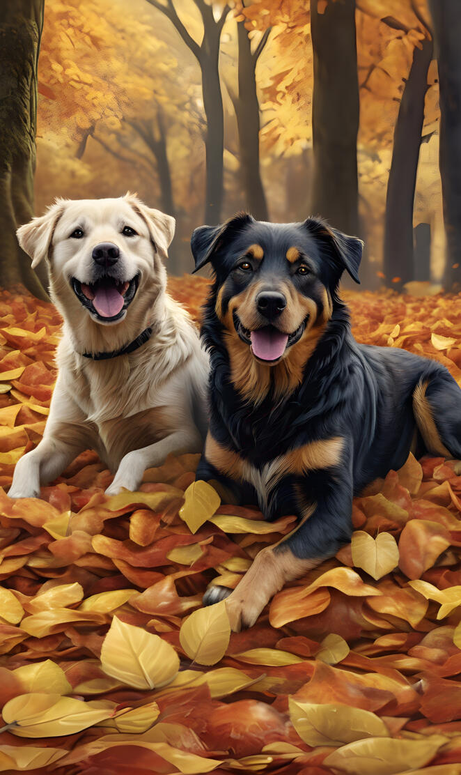Doggies playing in leaves