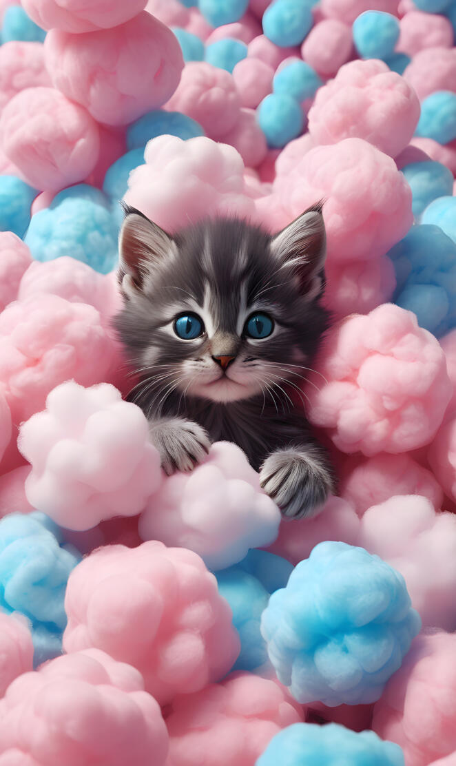 kitten in a pile of cotton candy