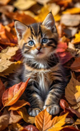 a kitten in a pile of leaves