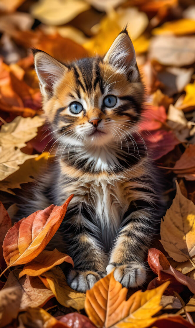a kitten in a pile of leaves