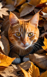 An orange tabby cat peeking out of a pile of raked leave