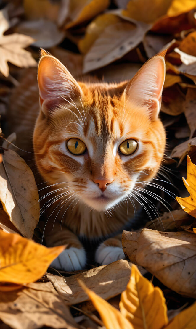 An orange tabby cat peeking out of a pile of raked leave
