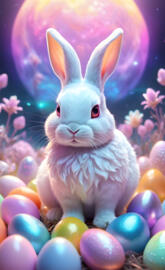 a rabbit in a pile of eggs