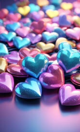 a pile of colorful, sparkly hearts.