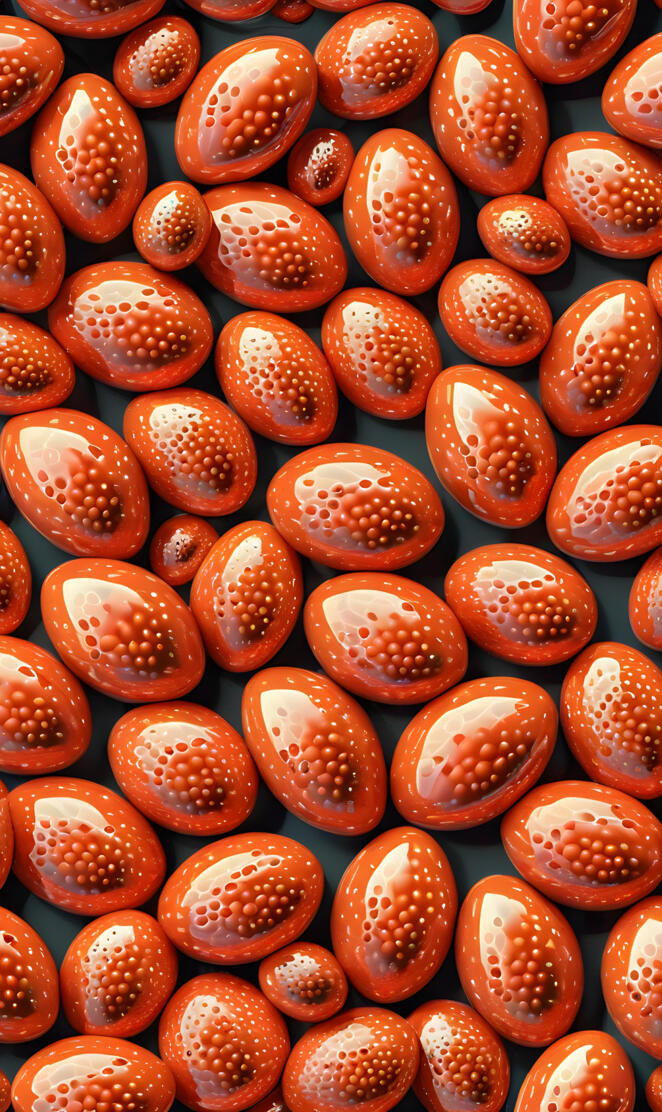 a pile of red round objects