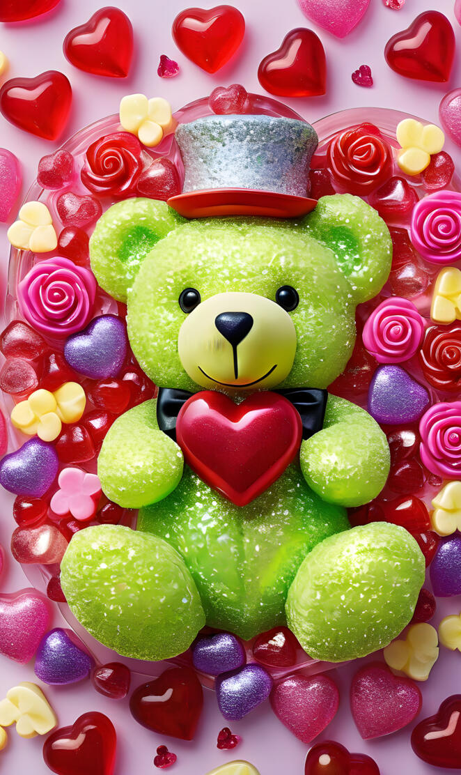 a stuffed animal in a pile of candy