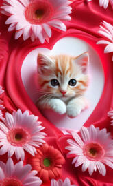 a kitten in a pile of pink flowers