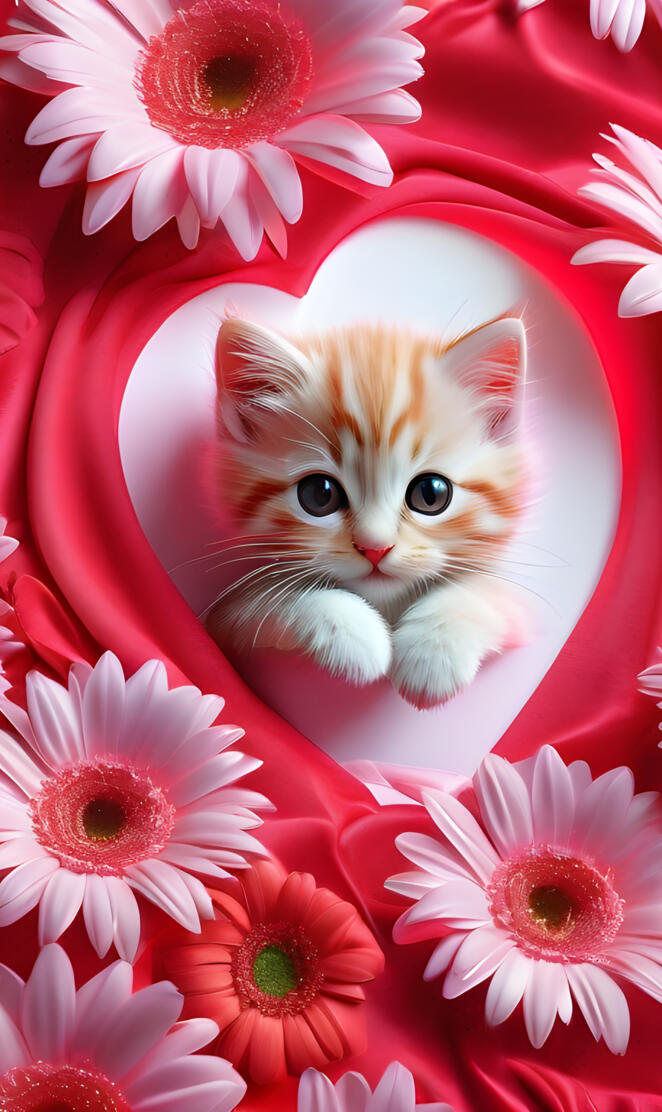 a kitten in a pile of pink flowers