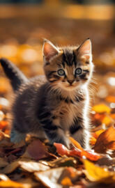 Kitten in a pile of Autumn leaves