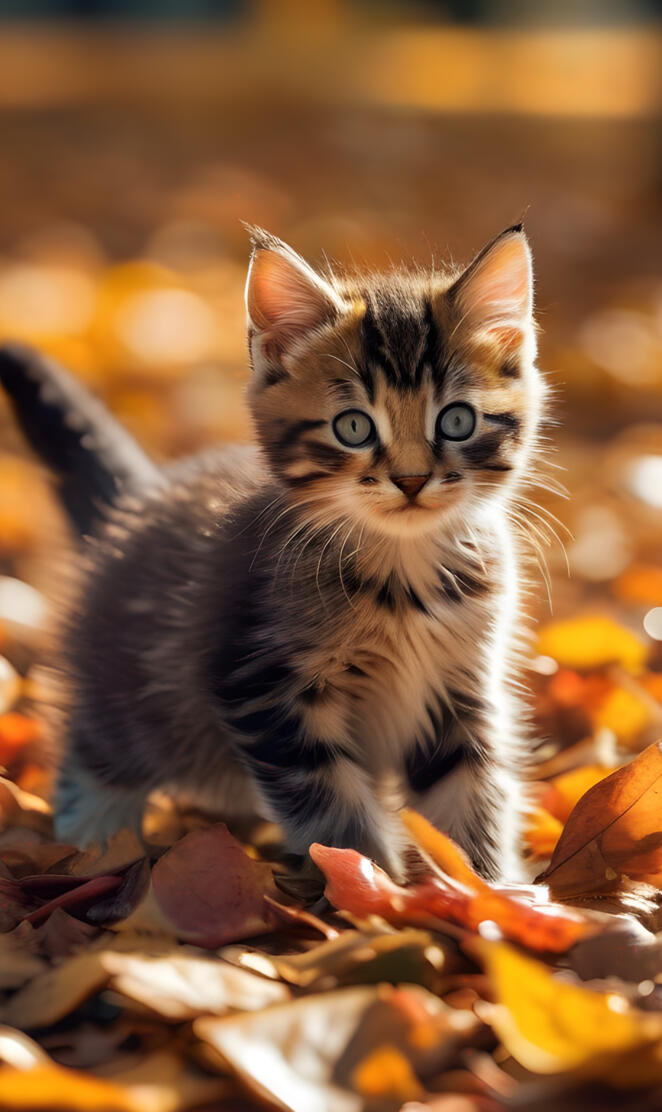 Kitten in a pile of Autumn leaves