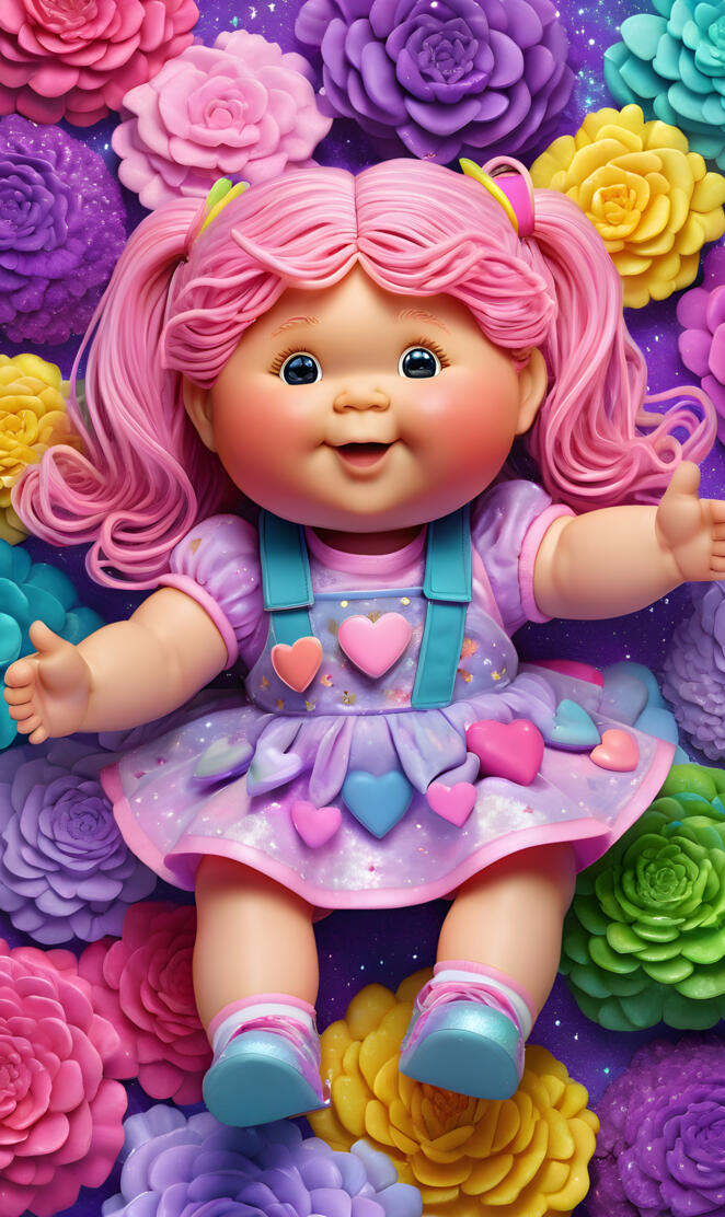 a baby doll in a pile of flowers