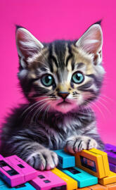 a cat sitting on a pile of toys