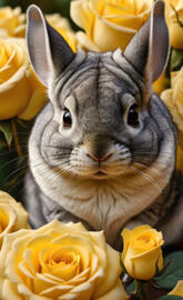 a rabbit in a pile of yellow flowers