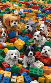 a group of dogs in a pile of toys