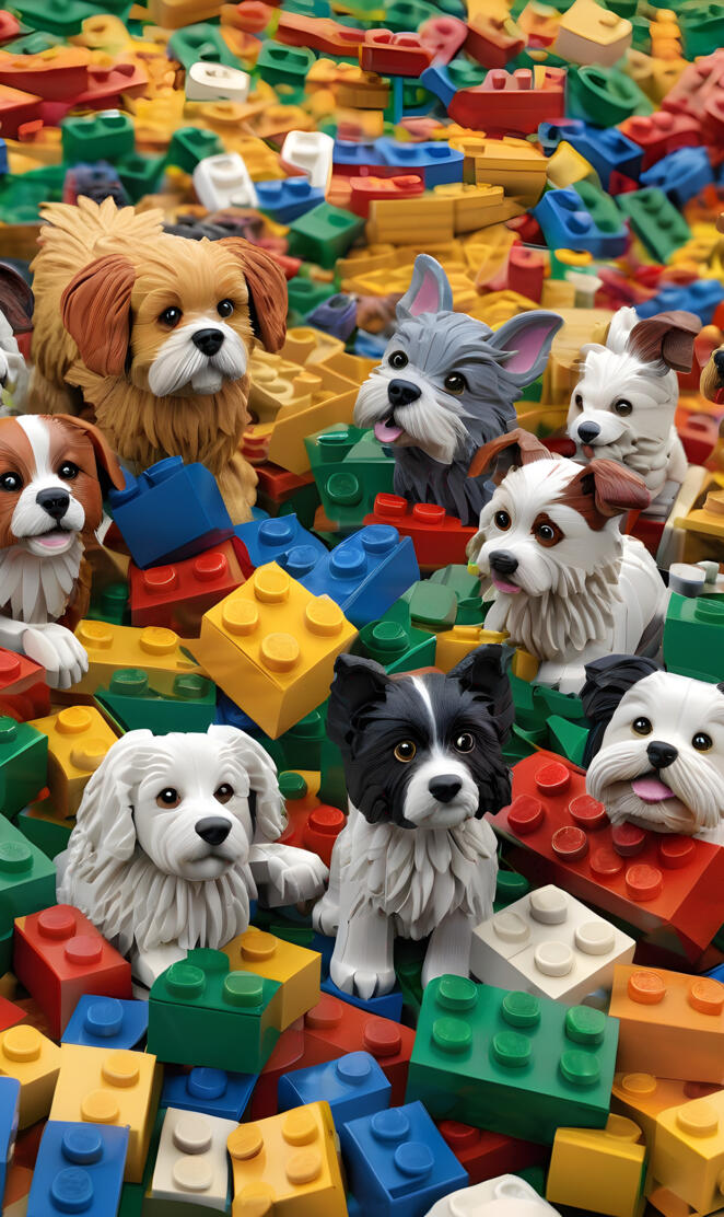 a group of dogs in a pile of toys