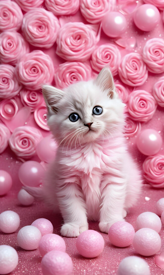 a cat in a pile of pink eggs