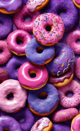 a pile of pink and purple donuts
