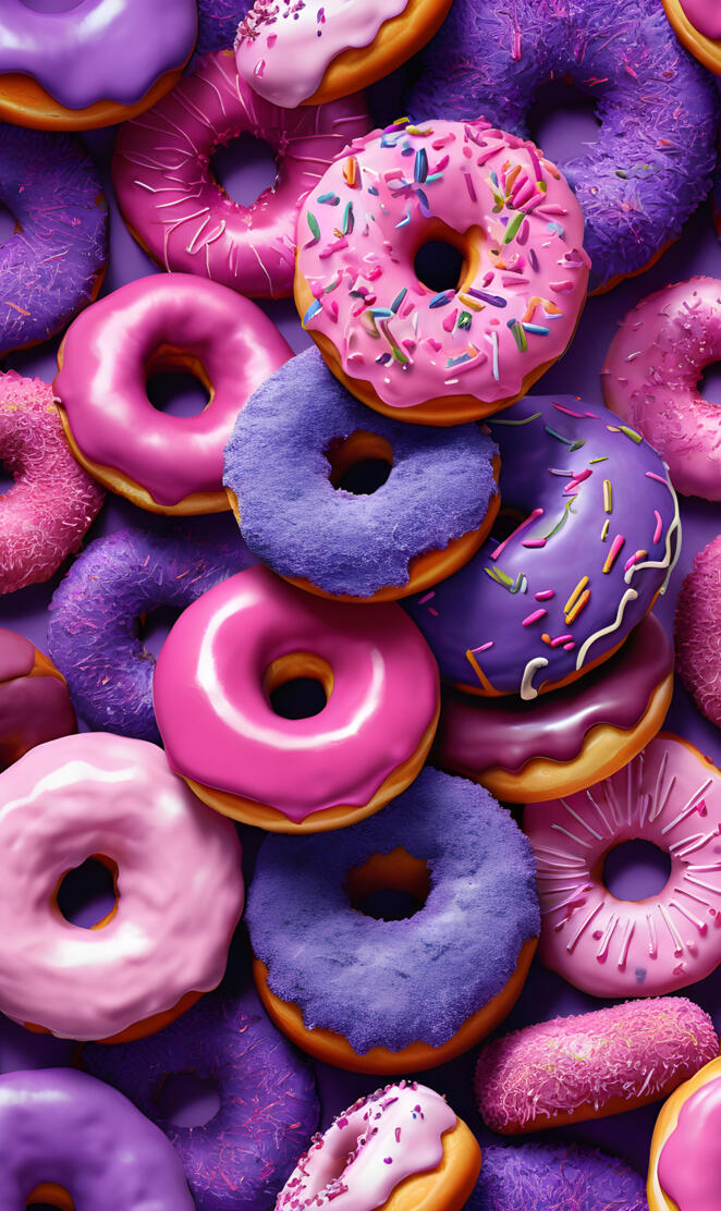 a pile of pink and purple donuts