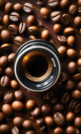 a camera lens on a pile of nuts