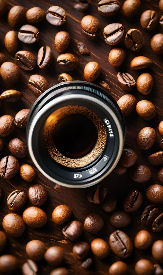 a camera lens on a pile of nuts