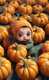 a baby doll in a pile of pumpkins