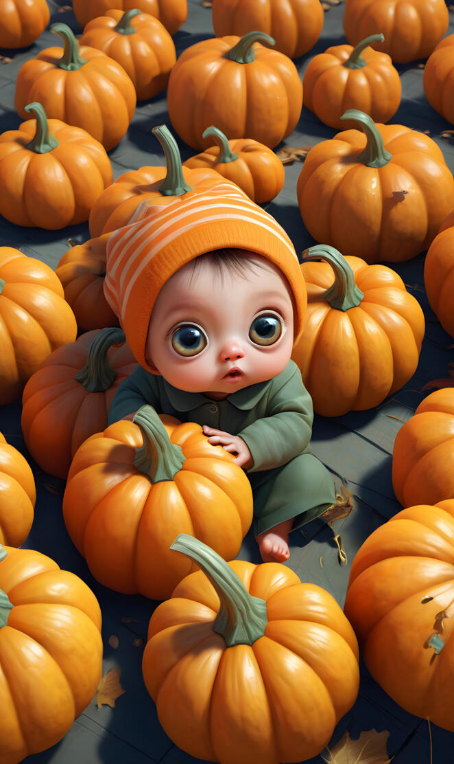 a baby doll in a pile of pumpkins