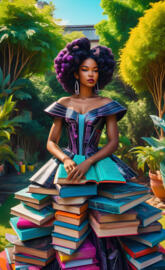 a woman sitting on a pile of books