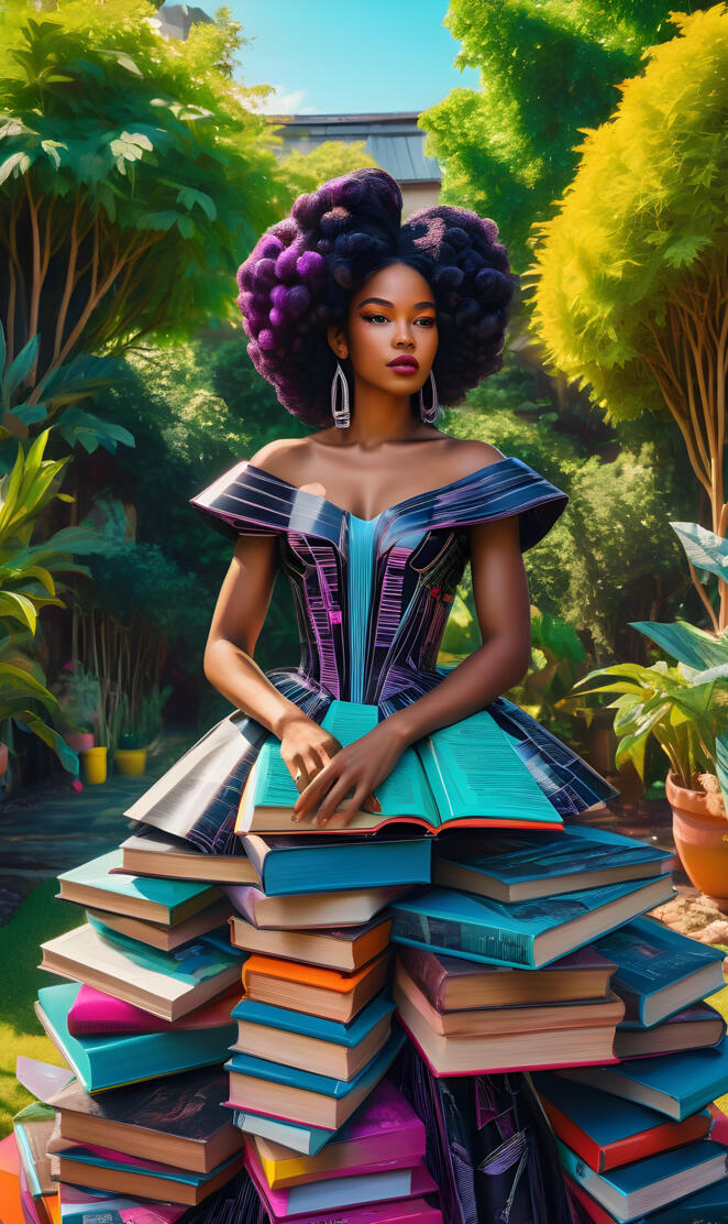 a woman sitting on a pile of books