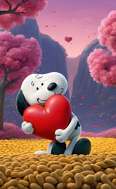 snoopy embracing a heart on a pile of peanuts