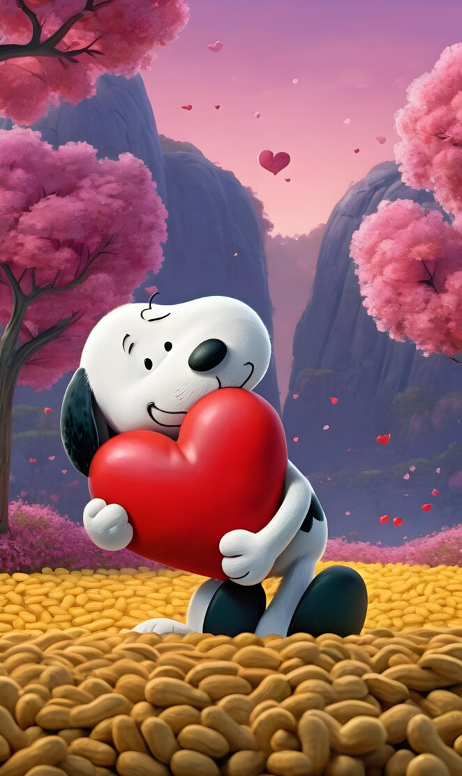 snoopy embracing a heart on a pile of peanuts