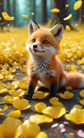 a fox sitting in a pile of yellow flowers