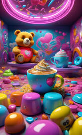 a teddy bear sitting on a pile of colorful eggs