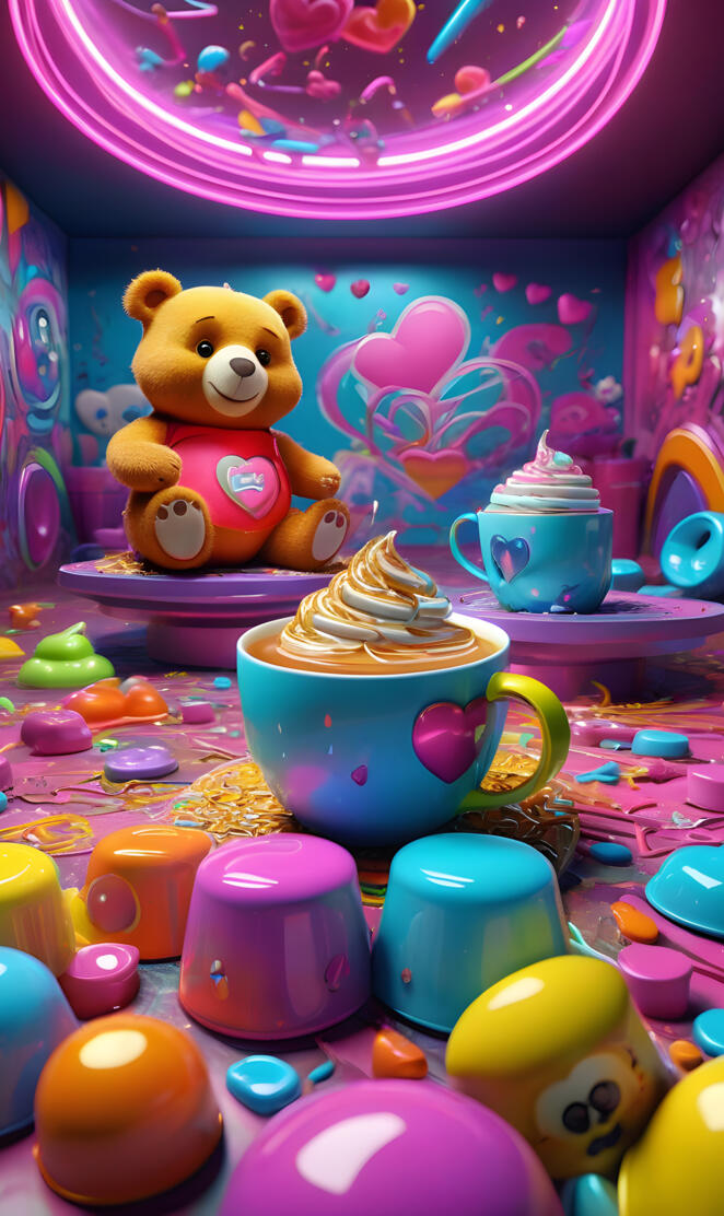 a teddy bear sitting on a pile of colorful eggs