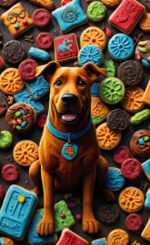 a dog sitting on a carpet with a pile of poker chips