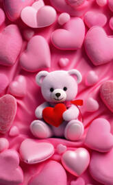 a teddy bear in a pile of pink heart shaped candies
