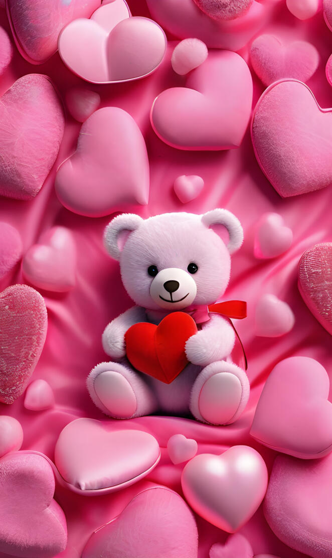 a teddy bear in a pile of pink heart shaped candies